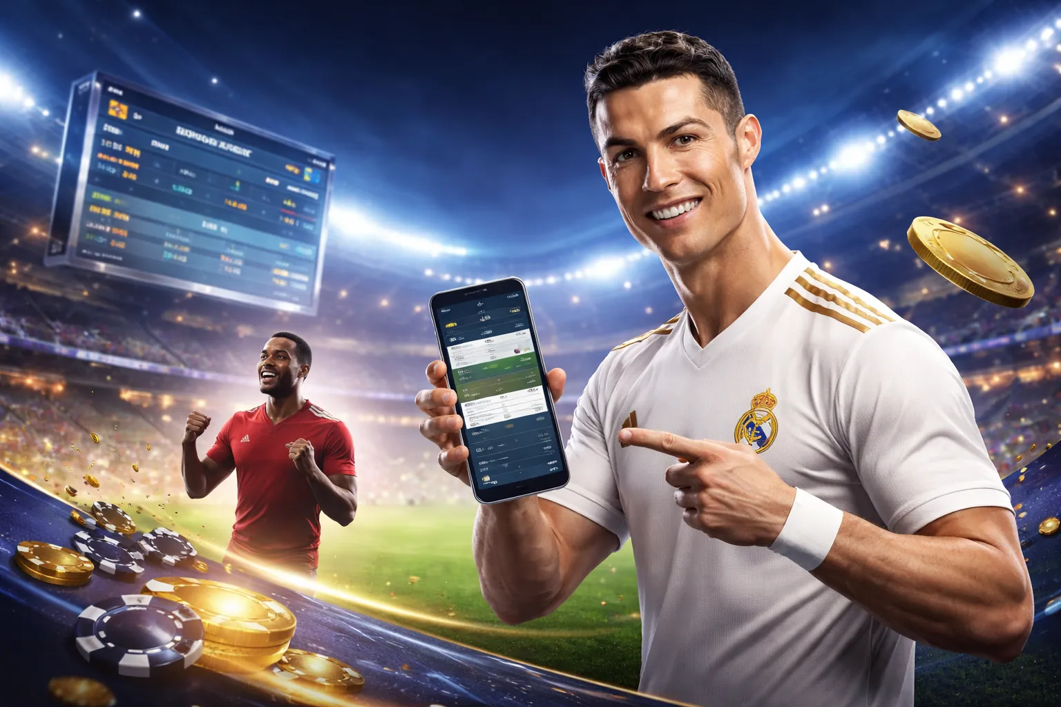 Sân vận động bóng đá với ánh đèn rực rỡ tượng trưng cho cá cược thể thao Nohu52Bet